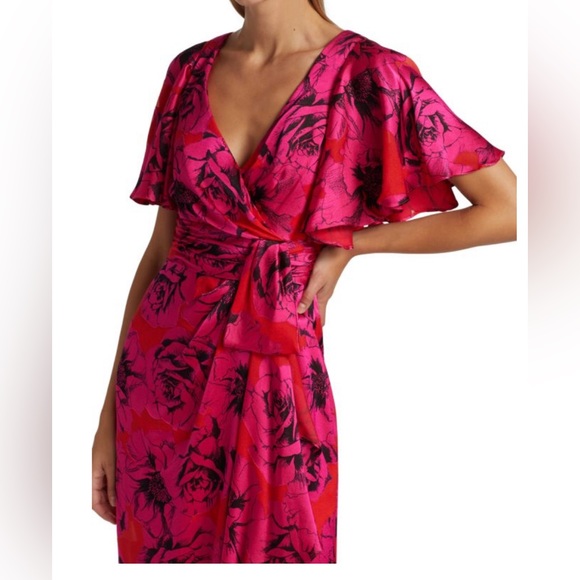 Theia Sadie Floral Satin Wrap Dress ,size 4 - Picture 4 of 7